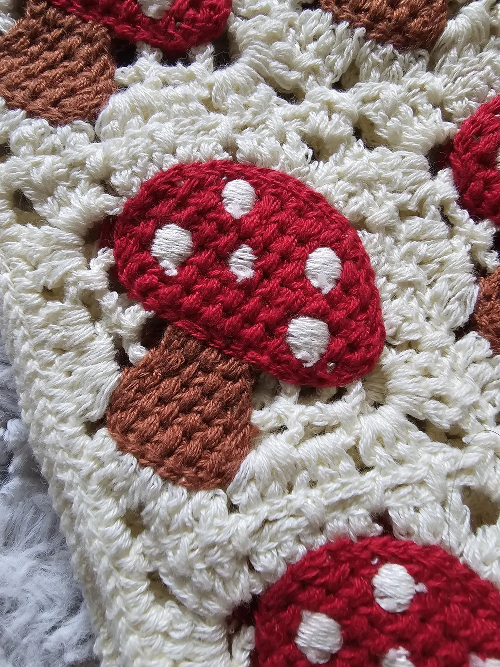 Crocheted Mushroom Bandana Hair Scarf - Red & Brown EUC